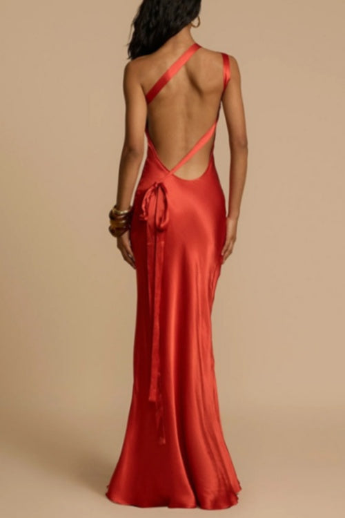 One Shoulder Backless Satin Maxi Party Dress