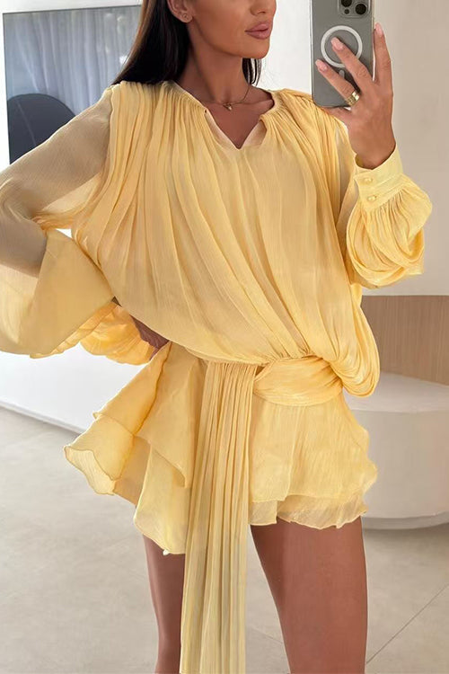 Margovil Lantern Long Sleeves Draped Ruffle Layered Mini Dress with Shorts