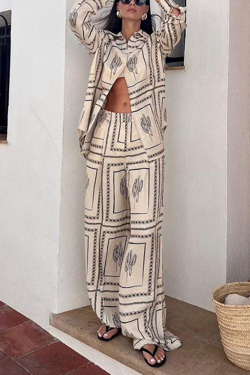 Margovil Cactus Print Lapel Long Sleeves Shirt Elastic Waist Wide Leg Pants Set