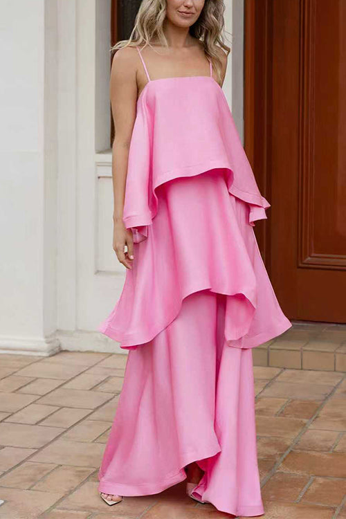 Margovil Adjustable Strap Ruffle Layered Satin Maxi Dress