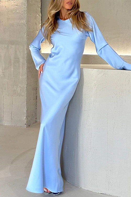Margovil Round Neck Long Sleeves Satin Maxi Party Dress