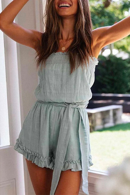 Margovil Off Shoulder Sleeveless Tie Waist Ruffle Romper
