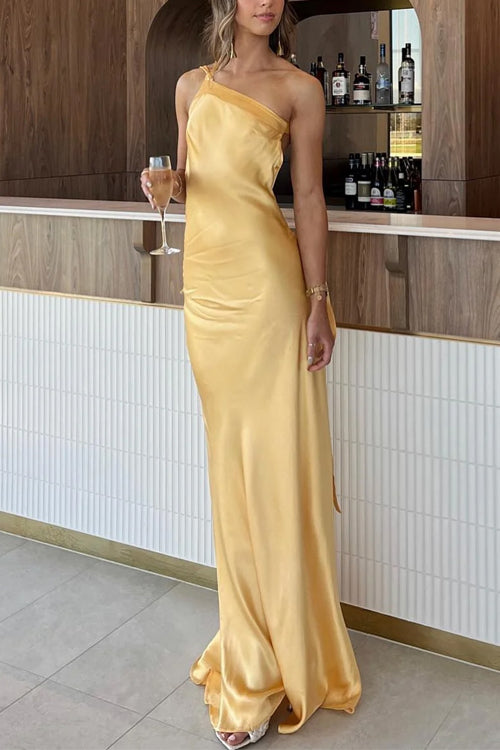 Margovil One Shoulder Open Back Tie Knot Satin Maxi Dress