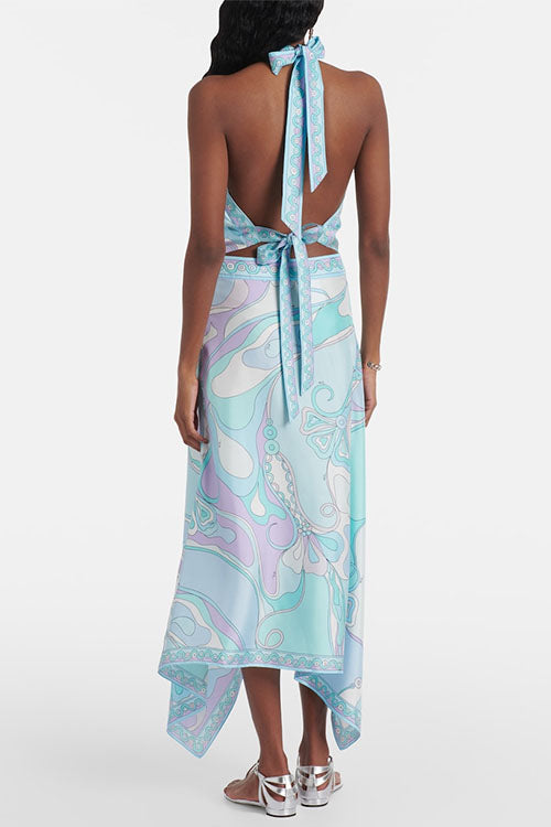 Margovil Printed Halter Tie Knot Backless Top and Irregular Hem Maxi Skirt Set