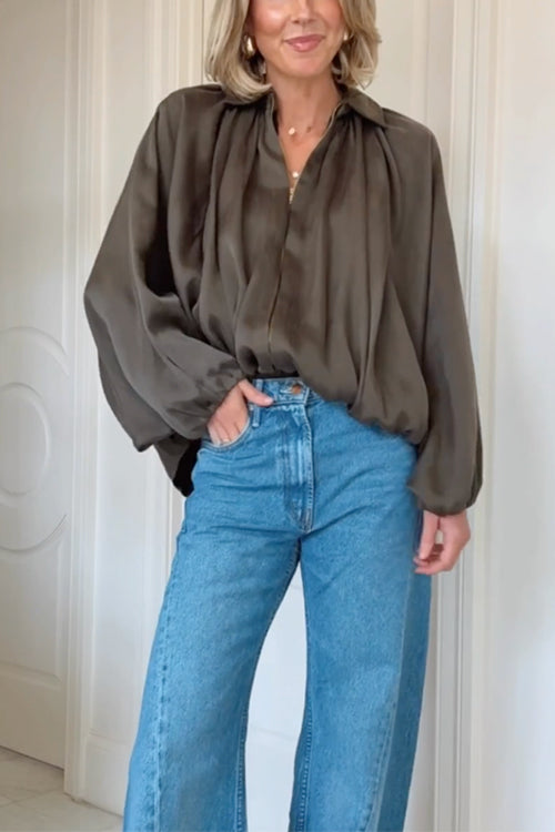 Margovil Lapel Batwing Sleeves Zip Up Bomber Jacket