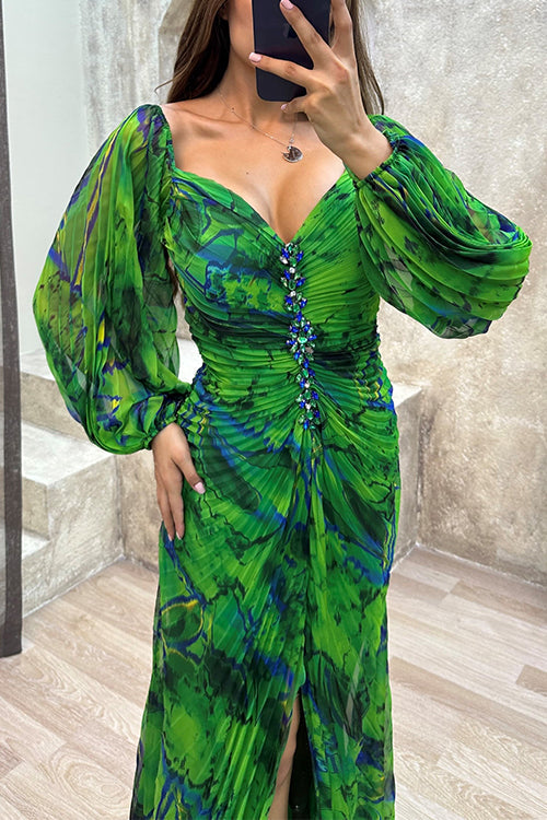 Margovil Off Shoulder Rhinestones Detail Printed Slit Pleated Maxi Dress