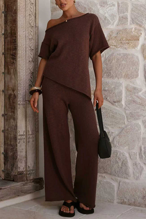 Stylish Asymmetrical Shoulder Short Sleeves Knit Top