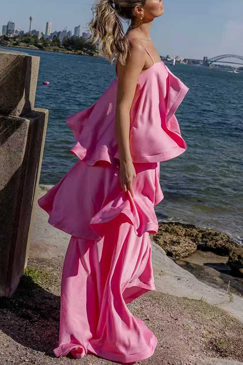Margovil Spaghetti Strap Ruffle Layered Satin Maxi Dress