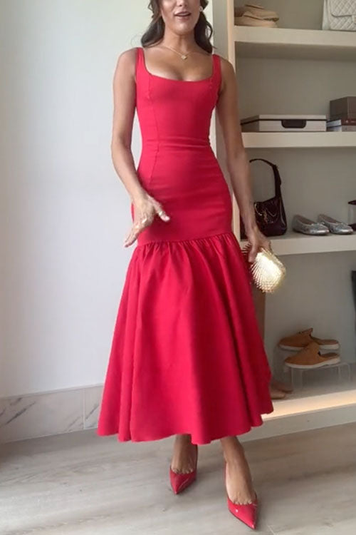 Margovil U Neck Sleeveless Ruffle Bodycon Midi Dress