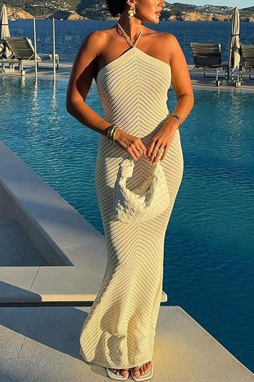 Margovil Halter Open Back Hollow Out Knit Bodycon Maxi Dress