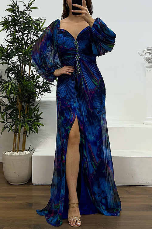 Margovil Off Shoulder Rhinestones Detail Printed Slit Pleated Maxi Dress