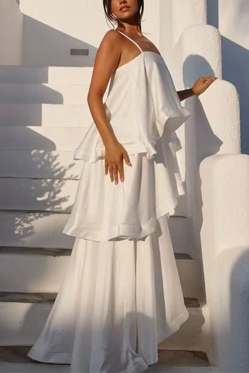 Margovil Adjustable Strap Ruffle Layered Satin Maxi Dress