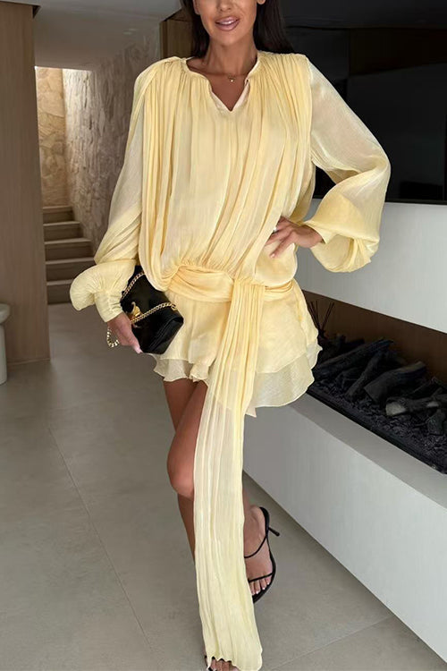 Margovil Lantern Long Sleeves Draped Ruffle Layered Mini Dress with Shorts