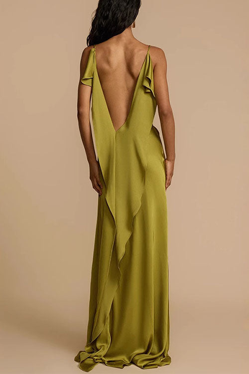 Margovil High Slit Back Drape Cascading Satin Maxi Cami Dress