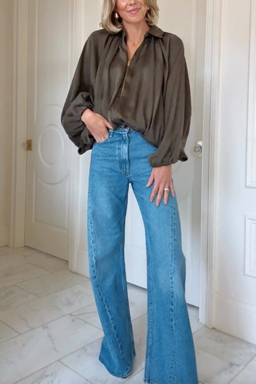 Margovil Lapel Batwing Sleeves Zip Up Bomber Jacket