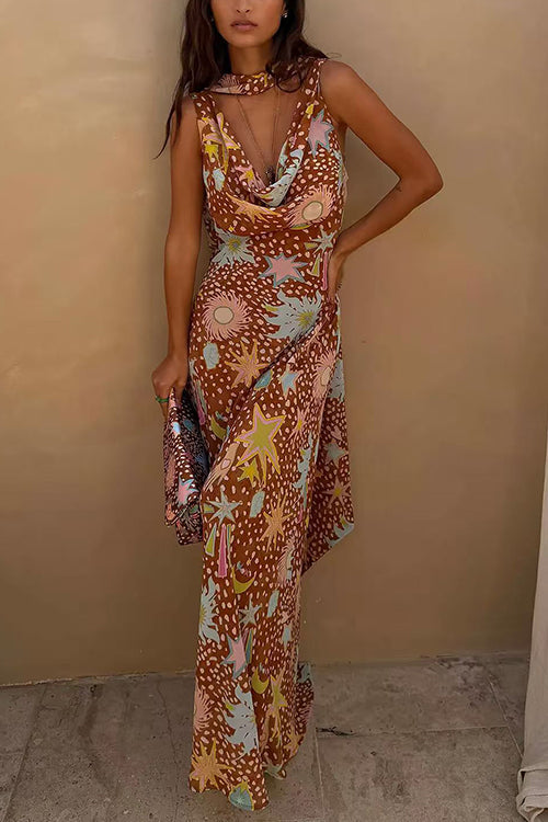 Margovil Cowl Neck Open Back Printed Maxi Dress with Scarf