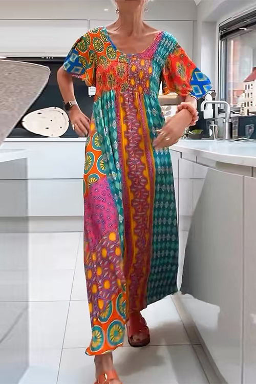 Margovil Round Neck Short Sleeves Printed Maxi Dress