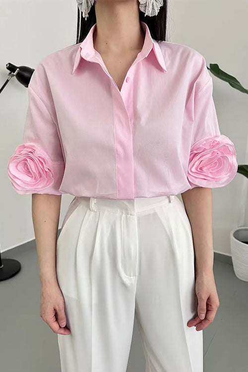 Lapel Short Sleeves Button Up Flower Detail Shirt
