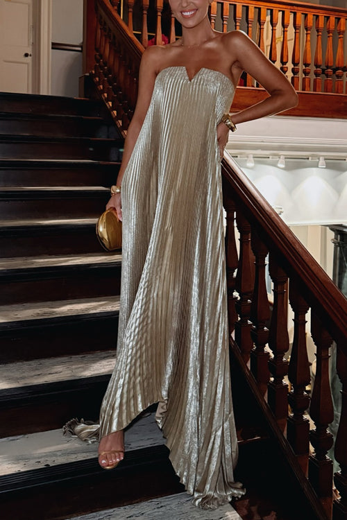 Margovil V Neck Strapless Pleated Maxi Party Dress