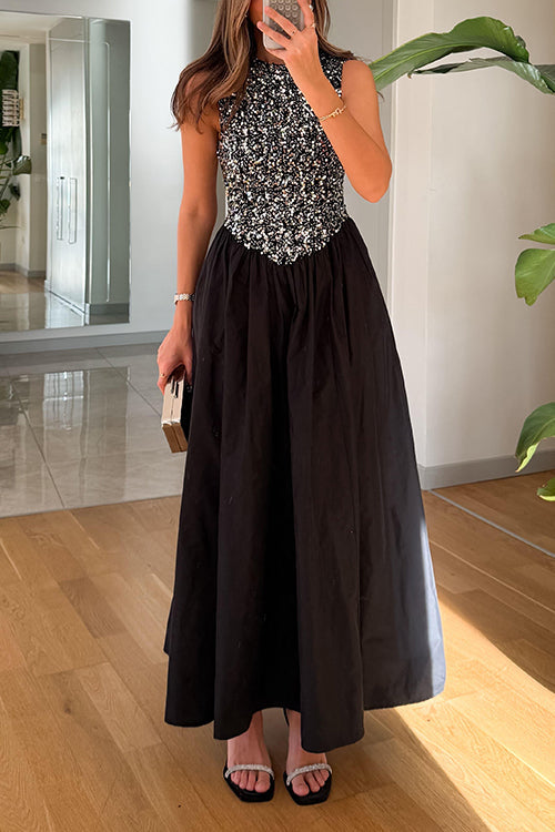 Margovil Crewneck Sleeveless Glitter Sequin Splice Maxi Dress