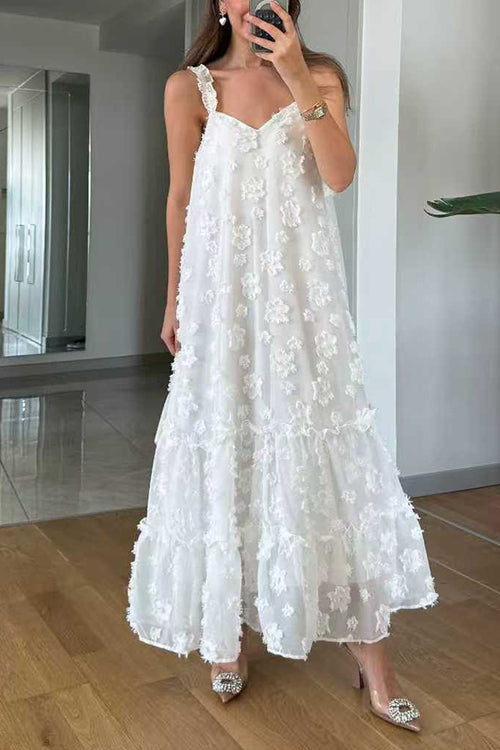 Margovil V Neck Sleeveless Flower Applique Ruffle Maxi Dress