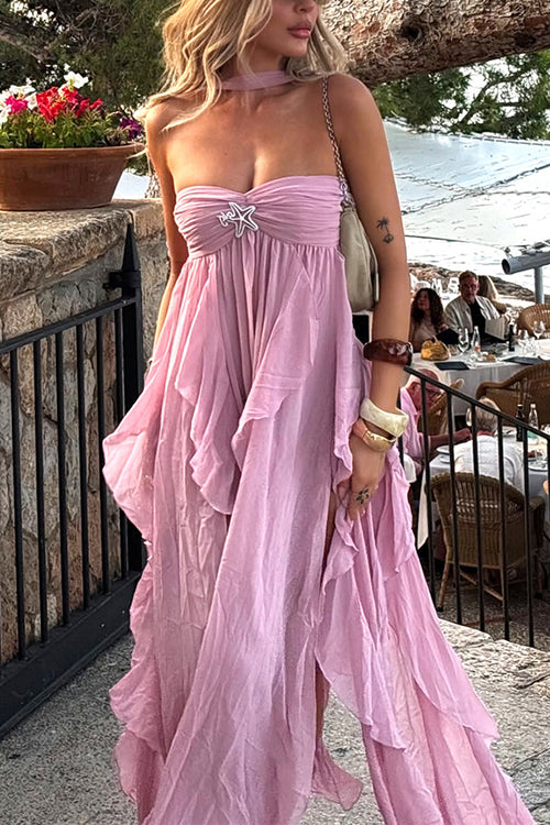 Margovil Sleeveless Open Back Ruffle Trim Slit Maxi Dress