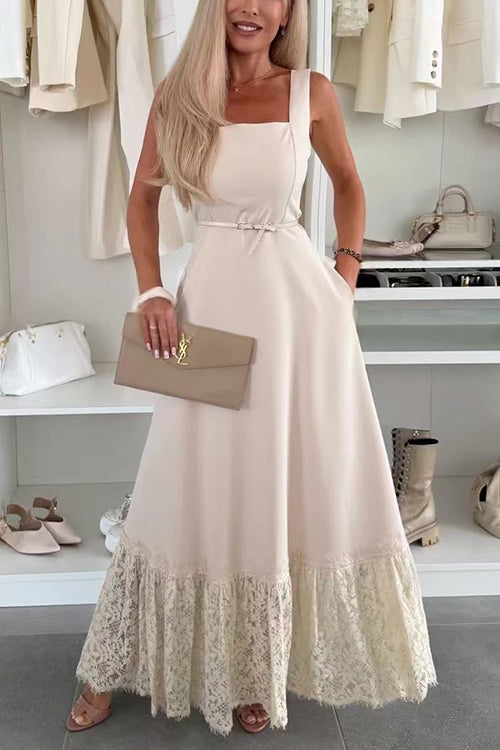 Square Neck Sleeveless Lace Splice Maxi Dress