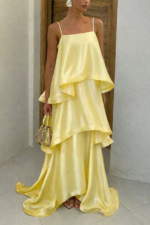 Margovil Adjustable Strap Ruffle Layered Satin Maxi Dress
