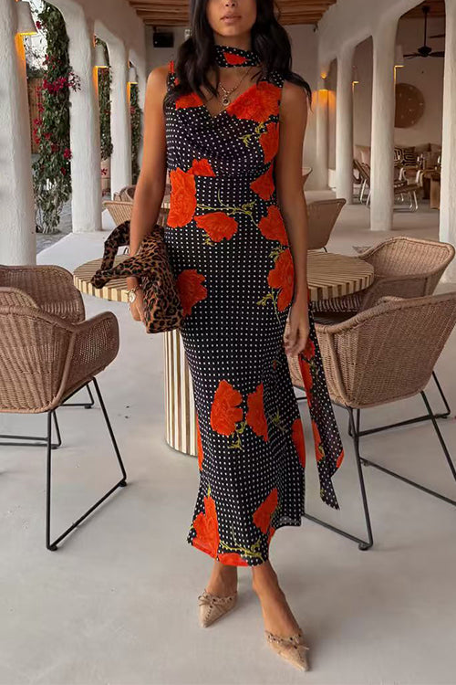 Margovil Cowl Neck Backless Floral Print Maxi Dress with Scarf