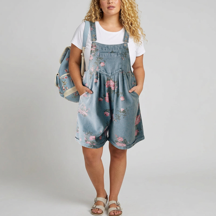 Judy | Vintage Washed Soft Cotton Feel Denim Floral Jumpsuit
