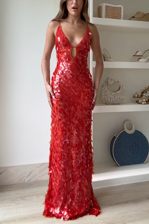 Margovil Spaghetti Strap V Neck Glitter Sequin Maxi Party Dress