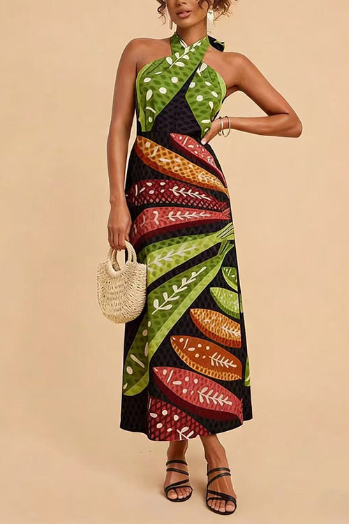 Margovil Halter Neck Backless Fish Print Maxi Dress