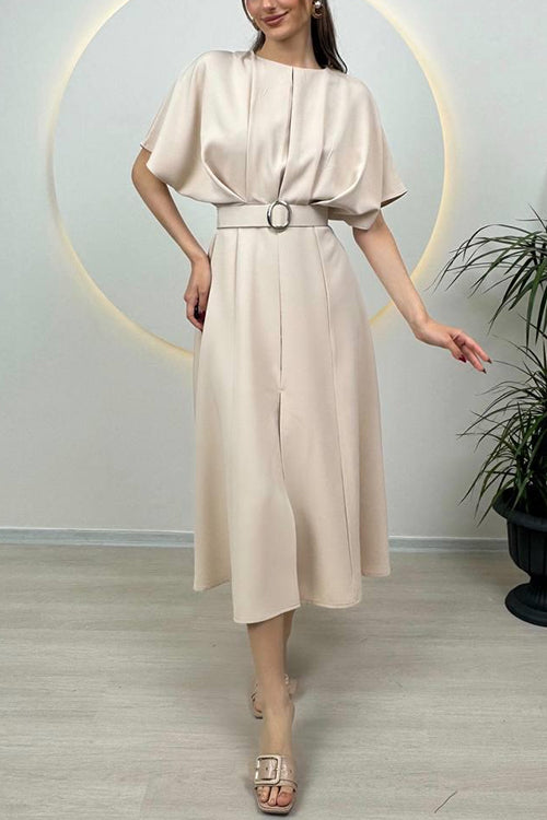 Margovil Crewneck Short Sleeves Belted Slit Midi Dress