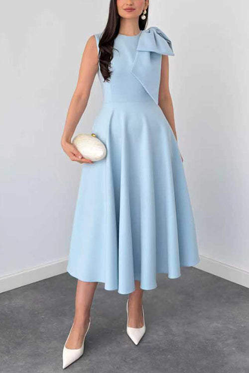 Crewneck Sleeveless Bow Shoulder A-line Midi Dress