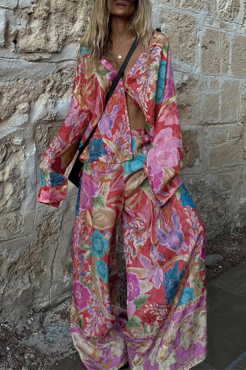 Margovil Long Sleeves Button Up Shirt and Wide Leg Pants Floral Print Set