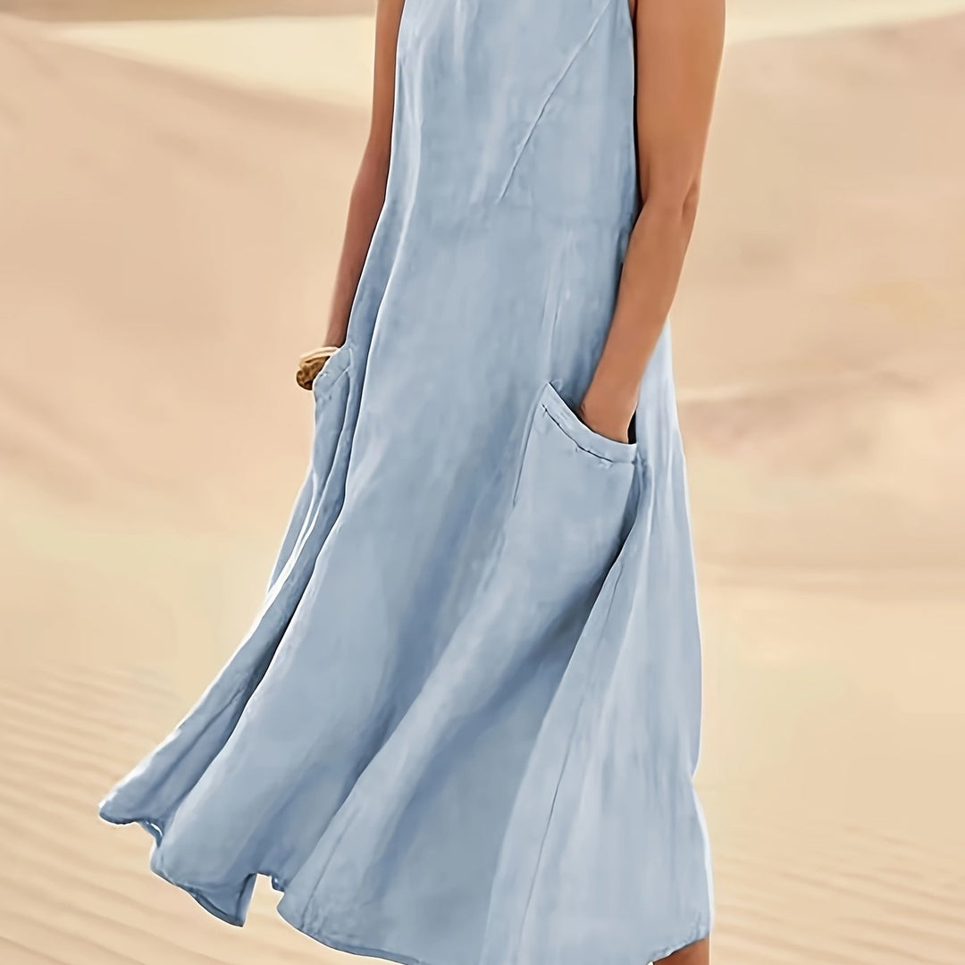Pockette | Sleeveless A-Line Round Neck Pocket Midi Dress