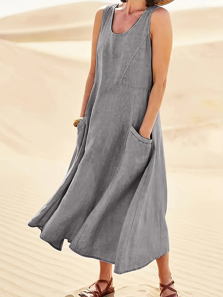 Pockette | Sleeveless A-Line Round Neck Pocket Midi Dress