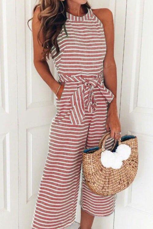 Margovil Crewneck Sleeveless Bow Knot Wide Leg Striped Jumpsuit