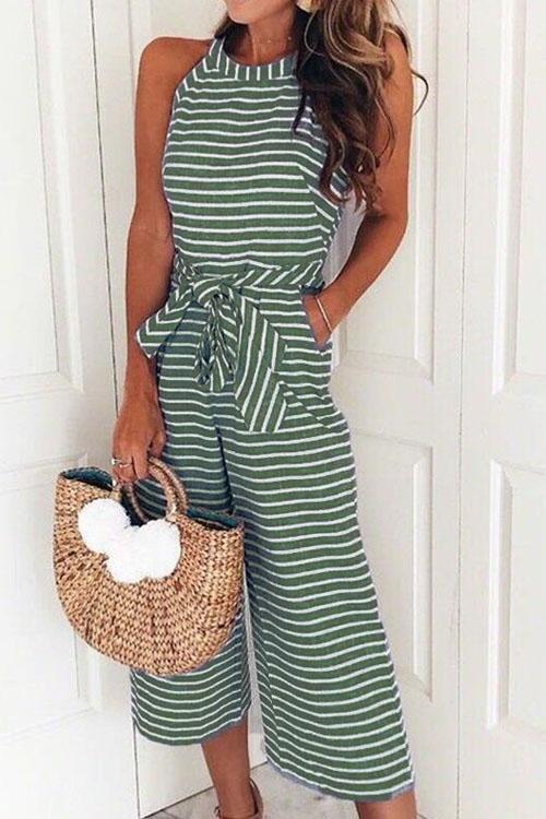 Margovil Crewneck Sleeveless Bow Knot Wide Leg Striped Jumpsuit