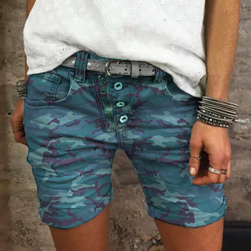 Margovil Elastic Waist Buttons Skinny Camo Shorts