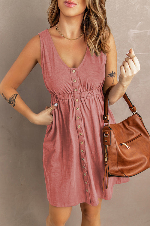 Margovil V Neck Button Down Sleeveless Waisted Dress