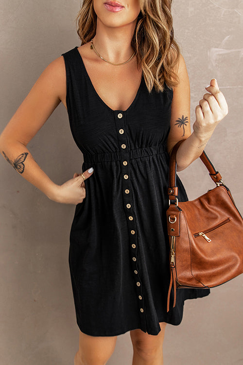 Margovil V Neck Button Down Sleeveless Waisted Dress