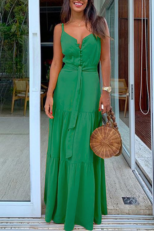 Margovil Buttons V Neck Sleeveless Tie Waist Maxi Swing Dress