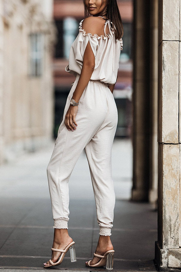 Margovil Wrap V Neck Cold Shoulder Elastic Waist Jogger Jumpsuit