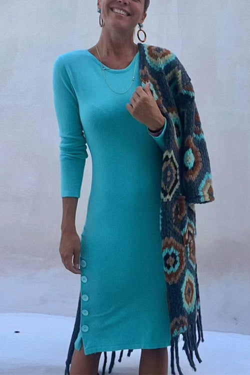 Margovil Crewneck Long Sleeve Buttons Cozy Dresses