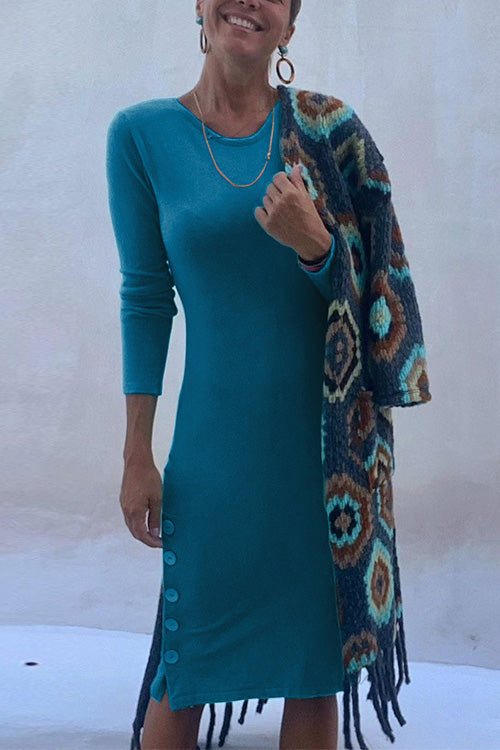 Margovil Crewneck Long Sleeve Buttons Cozy Dresses