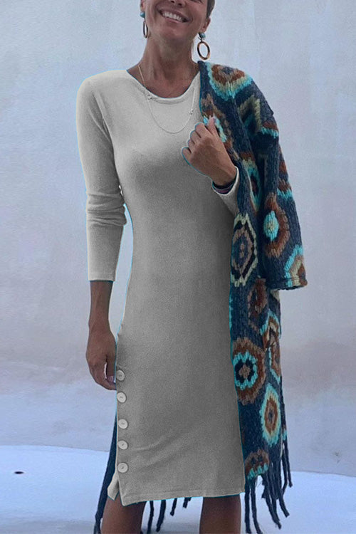 Margovil Crewneck Long Sleeve Buttons Cozy Dresses