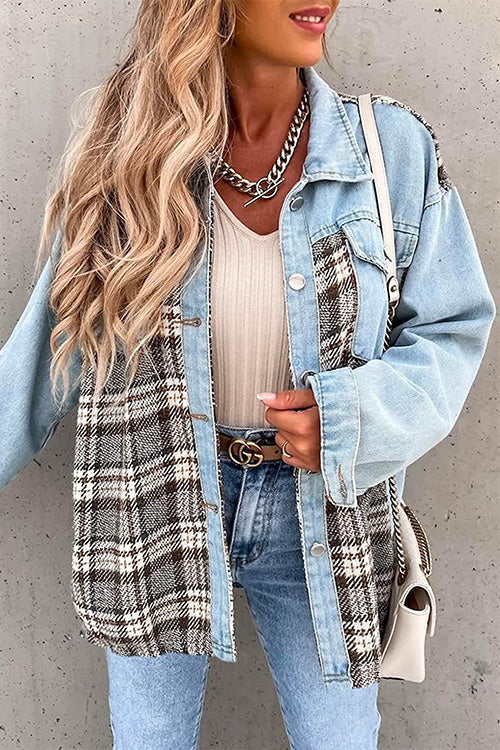 Margovil Button Down Long Sleeve Splice Plaid Jacket