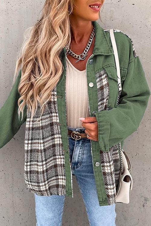 Margovil Button Down Long Sleeve Splice Plaid Jacket