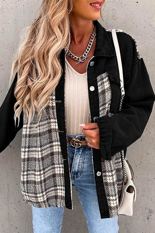Margovil Button Down Long Sleeve Splice Plaid Jacket